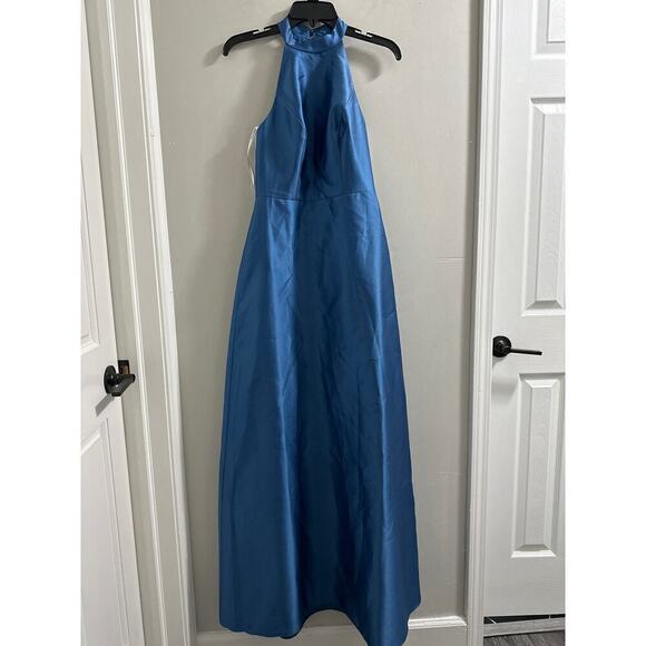 🔴
D772 by Alfred Sung HIGH-NECK SATIN DRESS WITH POCKETS Blue - Picture 2 of 8